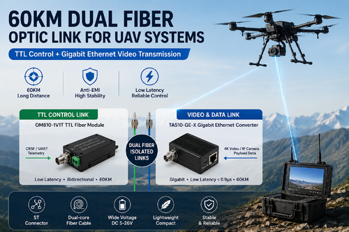 Aktueller Firmenfall über 60 km Dual-Fiber-Optic-Link für UAV-Systeme: TTL-Steuerung + Gigabit-Ethernet-Videoübertragung