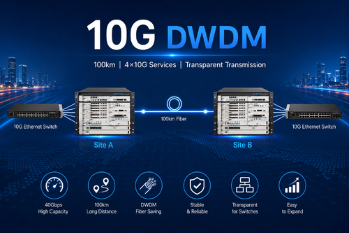 Aktueller Firmenfall über Verbinden von zwei 10G-Ethernet-Switches über 100 km Glasfaser mithilfe des OM3800 DWDM-Systems