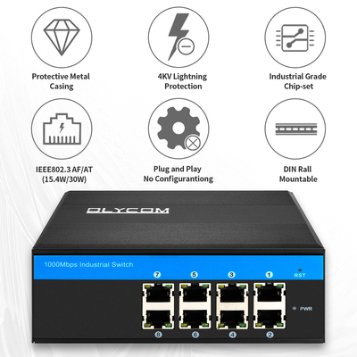Gigabit-Industrial Unmanaged PoE Media Converter 8 Port 120W 240W DC48V Ausgang