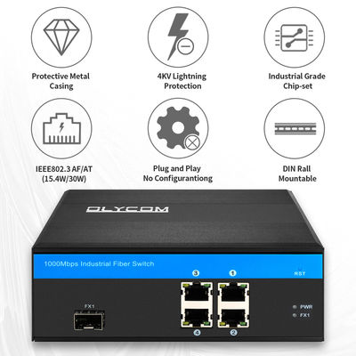 Industrieller 5-Port Gigabit PoE Glasfaser-Switch | 120W Leistungsbudget SFP-Steckplatz Unmanaged