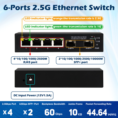 6 Ports 10g Ethernet-Schalter mit Glasfaser 4* 2.5G RJ45 + 2* 10G SFP+ Unterstützung OEM/ODM
