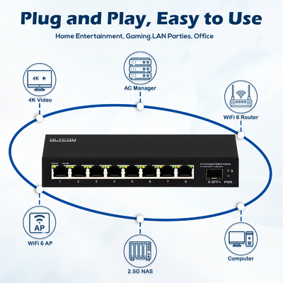 9 Port Unmanaged 2.5G Ethernet Switch mit 10G Uplink SFP Port 60Gbps Backplane Bandbreite
