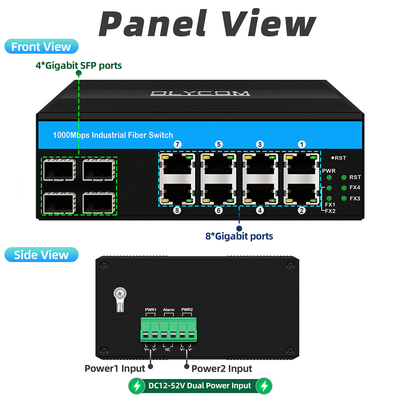 12 Port Industrial Ethernet Switch Din Netzwerkschalter 4SFP+8RJ45 DC12-52V Doppelstromversorgung