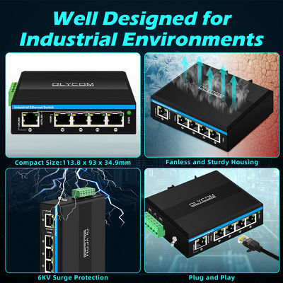 5 Port E-Mark zertifizierter Industrial Ethernet Switch mit 6KV Überspannungsschutz und Gigabit Netzwerkgeschwindigkeit