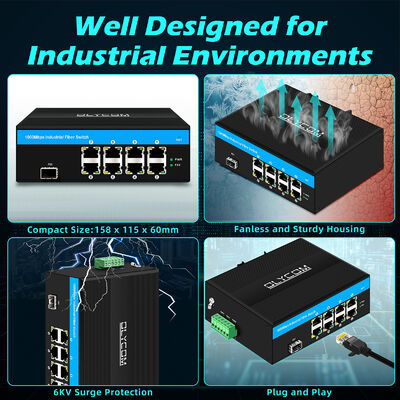 8 Port Industrial POE Switch mit 6KV Überspannungsschutz und 240W Gesamtbudget für CCTV-Systeme