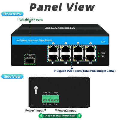 8 Port Industrial POE Switch mit 6KV Überspannungsschutz und 240W Gesamtbudget für CCTV-Systeme
