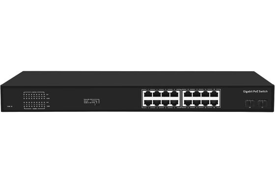 16 Port Gigabit PoE Switch 1G Fiber Uplinks Single AC Input 300W Budget CE Lüfterlos